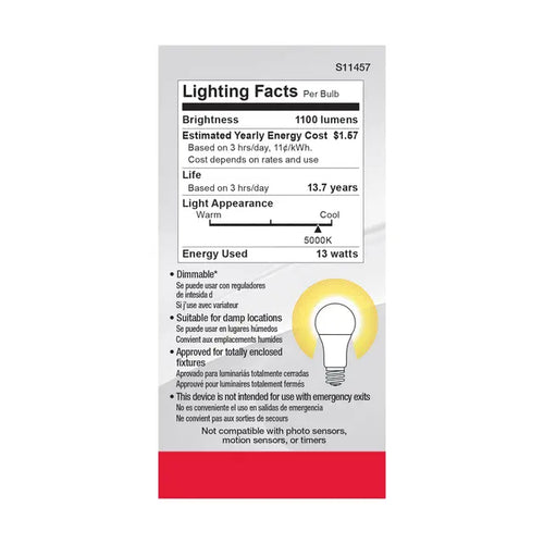 Satco S11457 13A19/LED/850/120V/D/4PK