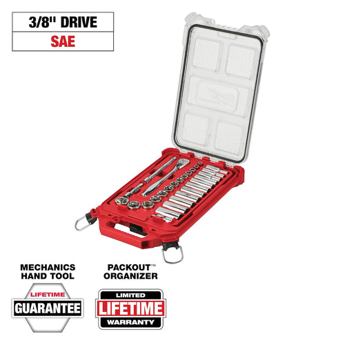 Milwaukee 3/8” Drive 28pc Ratchet & Socket Set with PACKOUT™ Low-Profile Compact Organizer SAE