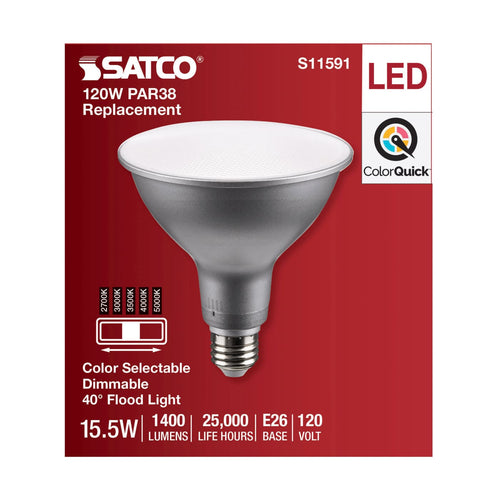 Satco S11591 15.5 Watt PAR38 LED Medium Base Silver Finish CCT Selectable 120 Volt