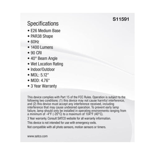 Satco S11591 15.5 Watt PAR38 LED Medium Base Silver Finish CCT Selectable 120 Volt