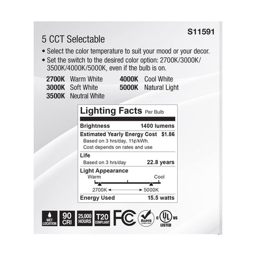 Satco S11591 15.5 Watt PAR38 LED Medium Base Silver Finish CCT Selectable 120 Volt