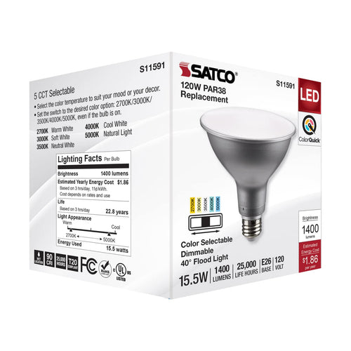 Satco S11591 15.5 Watt PAR38 LED Medium Base Silver Finish CCT Selectable 120 Volt