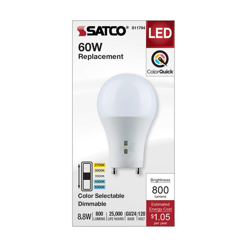 Satco S11794 8.8 Watt A19 LED Bi Pin GU24 Base CCT Selectable 120 Volt White Finish