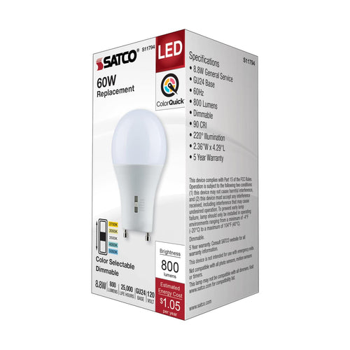 Satco S11794 8.8 Watt A19 LED Bi Pin GU24 Base CCT Selectable 120 Volt White Finish