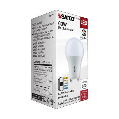 Satco S11794 8.8 Watt A19 LED Bi Pin GU24 Base CCT Selectable 120 Volt White Finish