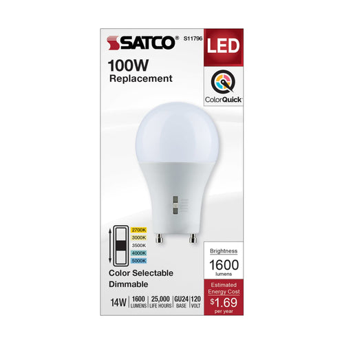 Satco S11796 14 Watt A19 LED Bi Pin GU24 Base CCT Selectable 120 Volt White Finish
