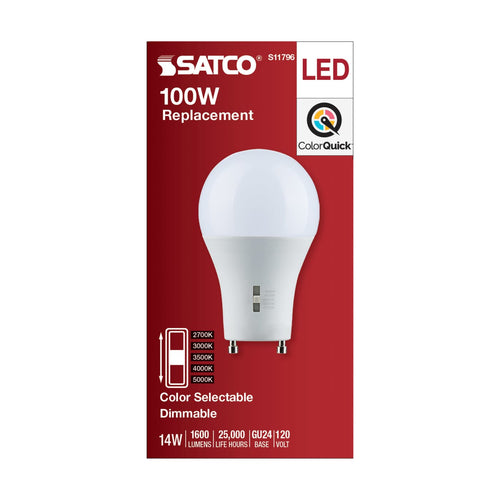 Satco S11796 14 Watt A19 LED Bi Pin GU24 Base CCT Selectable 120 Volt White Finish