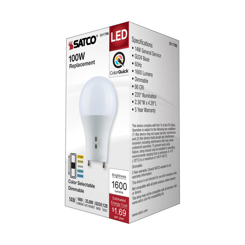 Satco S11796 14 Watt A19 LED Bi Pin GU24 Base CCT Selectable 120 Volt White Finish
