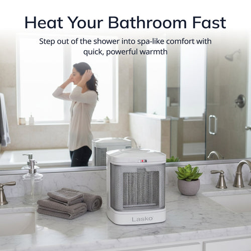 Lasko 8 Bathroom Ceramic Heater (2 heat settings, timer, ALCI safety plug, white)