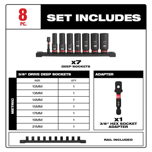 Milwaukee 8PC SHOCKWAVE™ Impact Duty 3/8 Drive Metric Deep 6 Point Socket Set